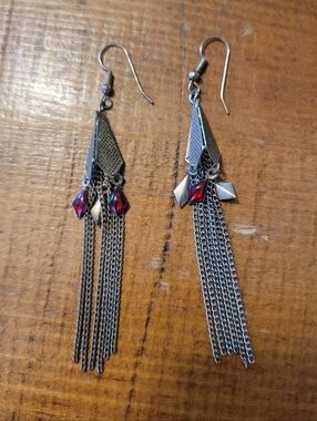 Unique Metalwork Chain Red Silver Tone Long Dangle Hook Pierced Earrings